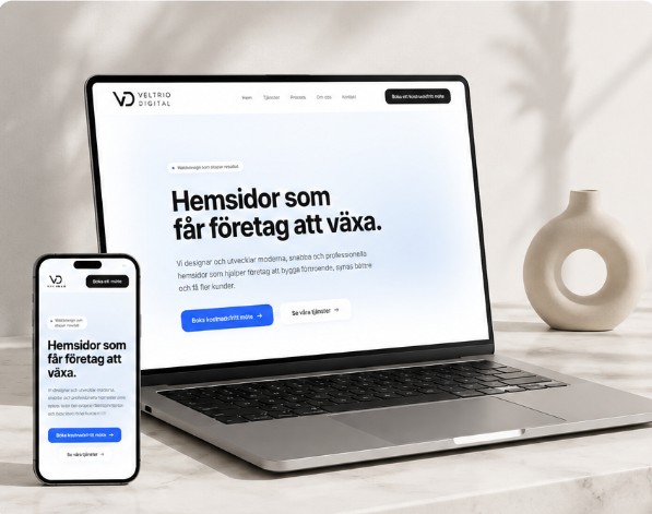 Laptop och mobil som visar Veltrio Digitals riktiga hemsida